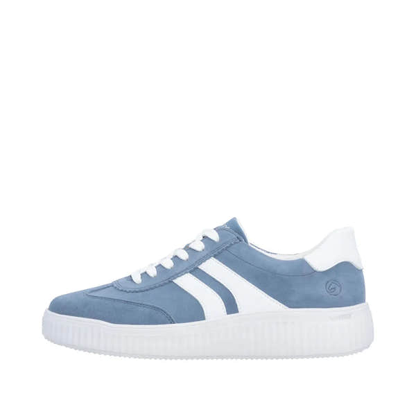 Blue suede lace-up shoes for women with white accents, a chunky white sole, and a casual, sporty style.