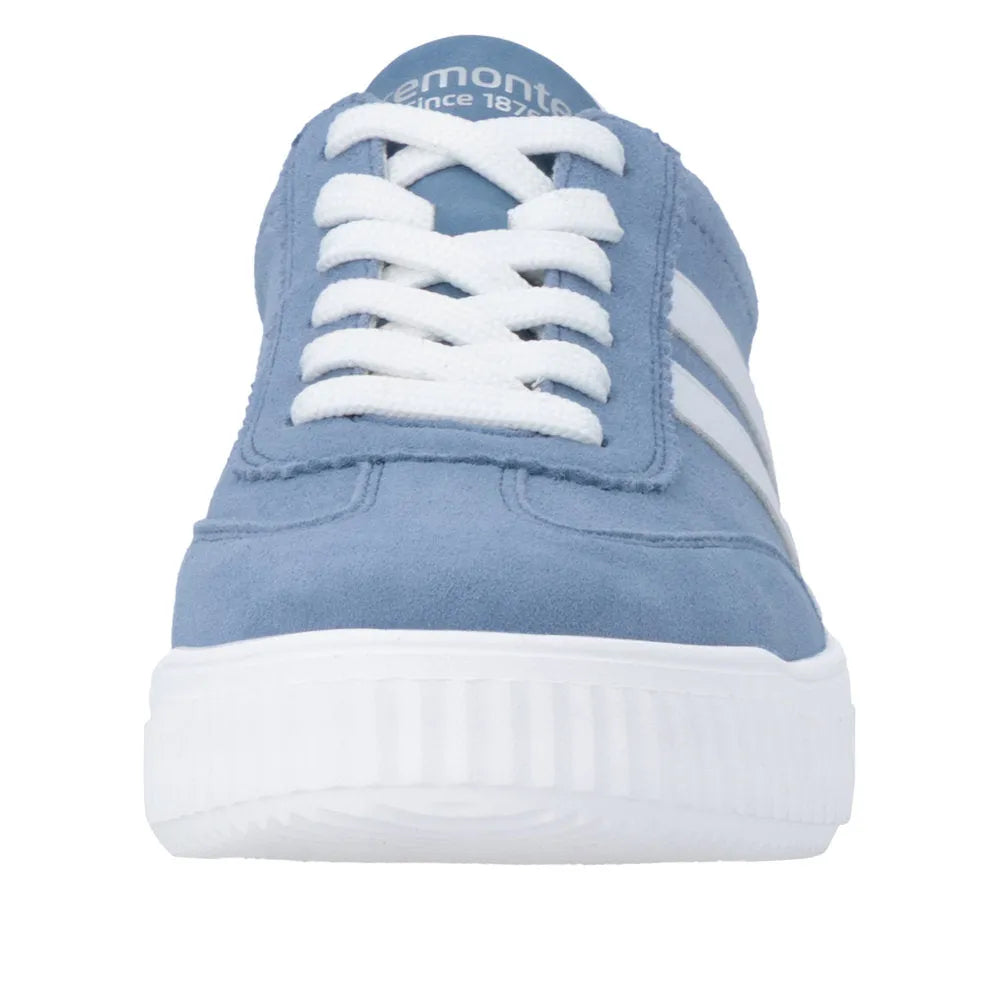Blue suede lace-up shoes with white rubber sole and white side stripes for women.