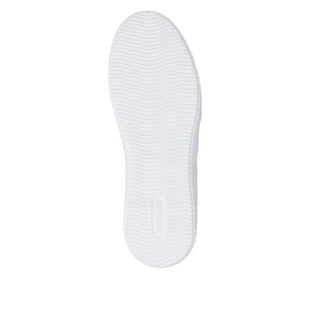 White sole of a blue suede lace-up women's shoe, showing textured design and size 37 imprint.