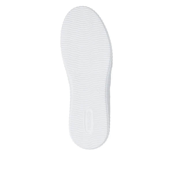 White sole of a blue suede lace-up women's shoe, showing textured design and size 37 imprint.