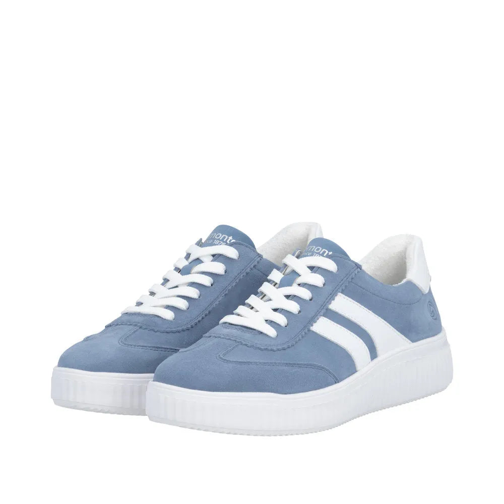 Blue suede women's lace-up sneakers with white accents and chunky soles.