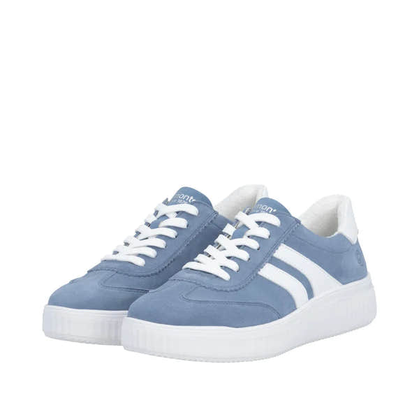 Blue suede women's lace-up sneakers with white accents and chunky soles.