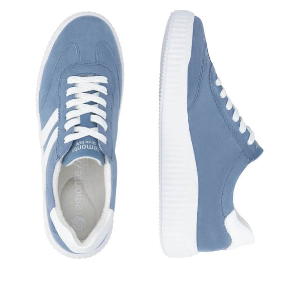 Blue suede lace-up shoes for women with white sole and white laces, wide fit, casual style.