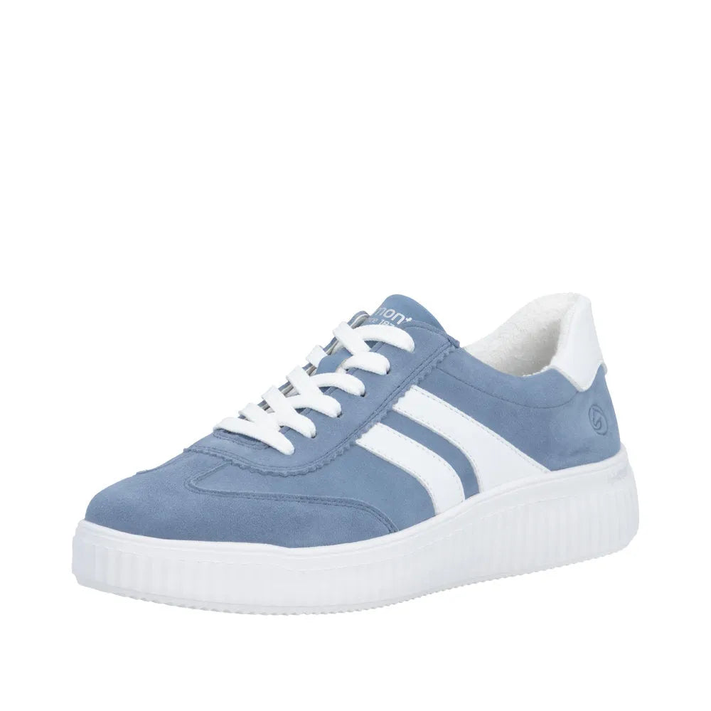 Blue suede lace-up shoe with white accents, chunky sole, and padded collar for ladies.