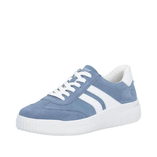 Blue suede lace-up shoe with white accents, chunky sole, and padded collar for ladies.