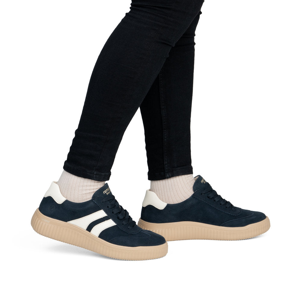 Remonte D3E00-15 women's wide navy/white suede lace up shoes, on-foot lifestyle view.