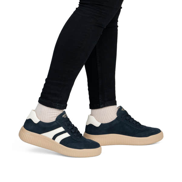 Remonte D3E00-15 women's wide navy/white suede lace up shoes, on-foot lifestyle view.