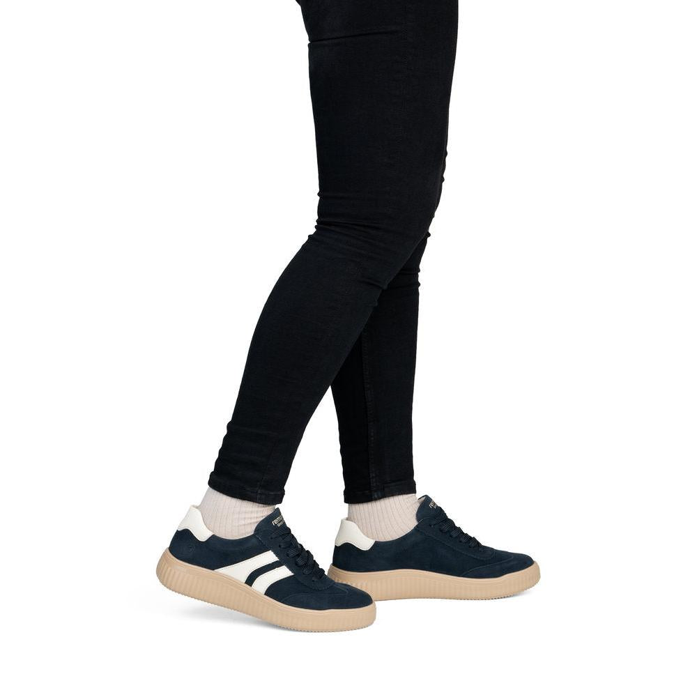 Remonte D3E00-15 women's wide navy/white suede lace up shoes, on-foot lifestyle view.