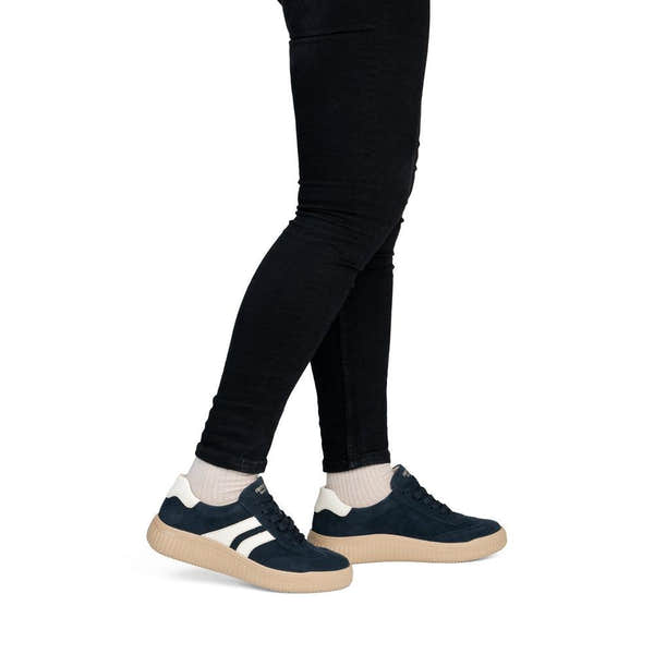 Remonte D3E00-15 women's wide navy/white suede lace up shoes, on-foot lifestyle view.