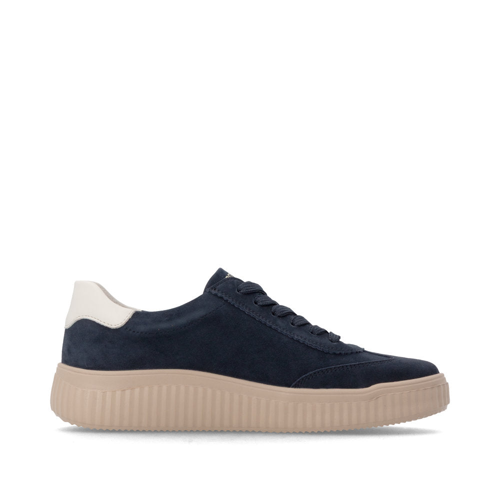 Remonte D3E00-15 women's wide navy/white suede lace up shoes, outer side view.