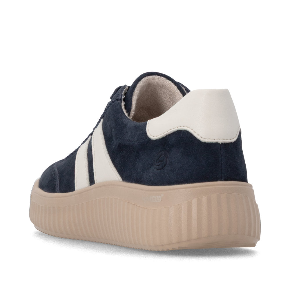 Remonte D3E00-15 women's wide navy/white suede lace up shoes, rear three-quarter view.