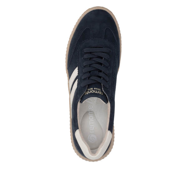 Remonte D3E00-15 women's wide navy/white suede lace up shoes, top view.