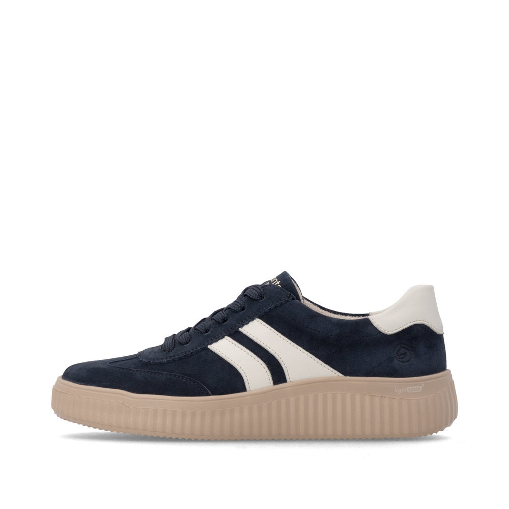 Remonte D3E00-15 women's wide navy/white suede lace up shoes, inner side view.