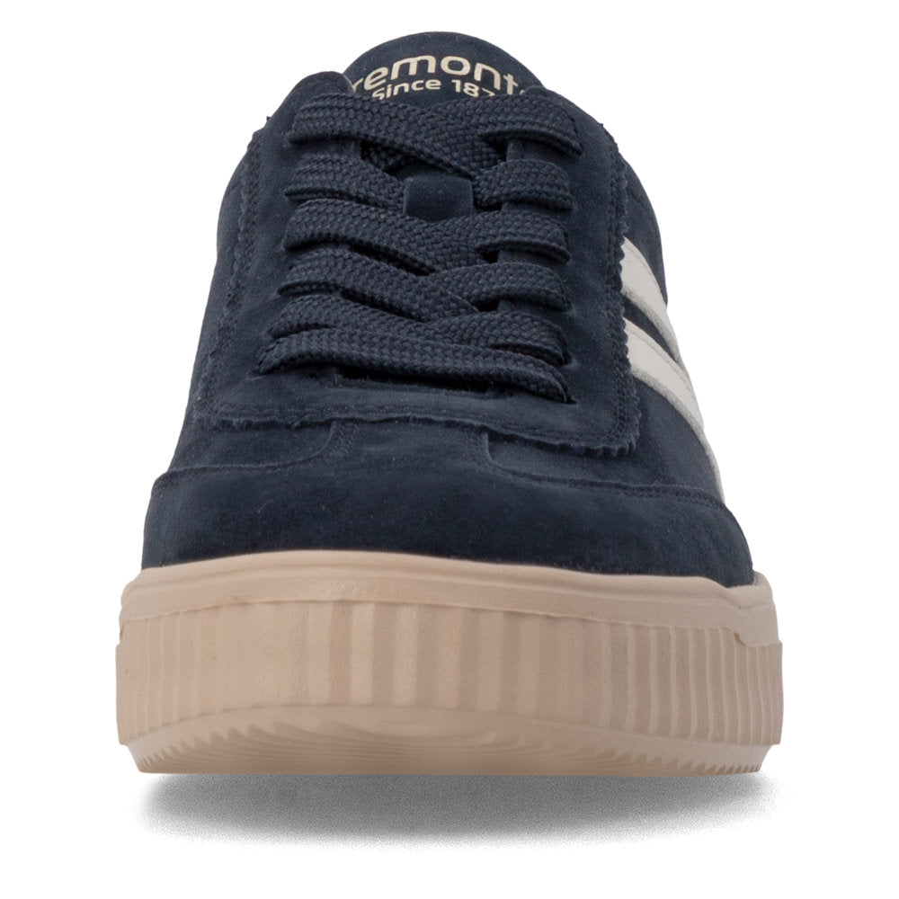 Remonte D3E00-15 women's wide navy/white suede lace up shoes, front view.