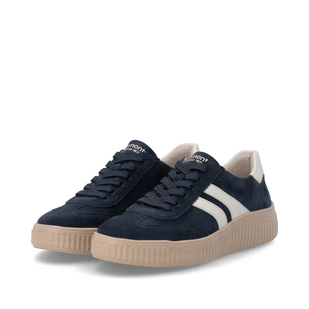 Remonte D3E00-15 women's wide navy/white suede lace up shoes, paired three-quarter view.