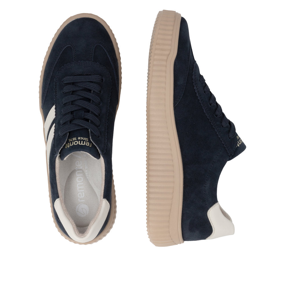 Remonte D3E00-15 women's wide navy/white suede lace up shoes, two-angle product view.