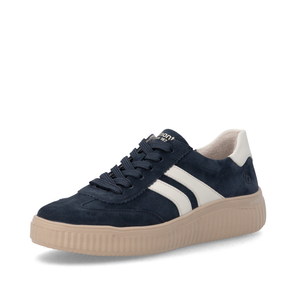Remonte D3E00-15 women's wide navy/white suede lace up shoes, front three-quarter view.