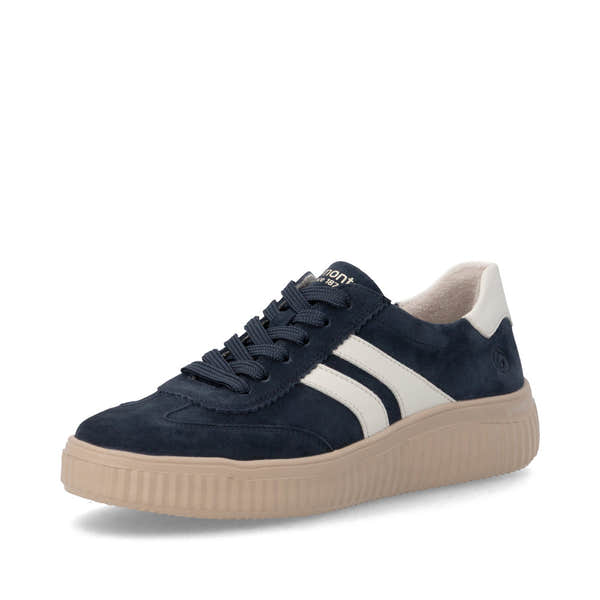 Remonte D3E00-15 women's wide navy/white suede lace up shoes, front three-quarter view.