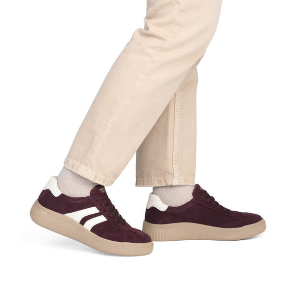 Remonte D3E00-30 women's wide red/white suede lace up shoes, on-foot lifestyle view.