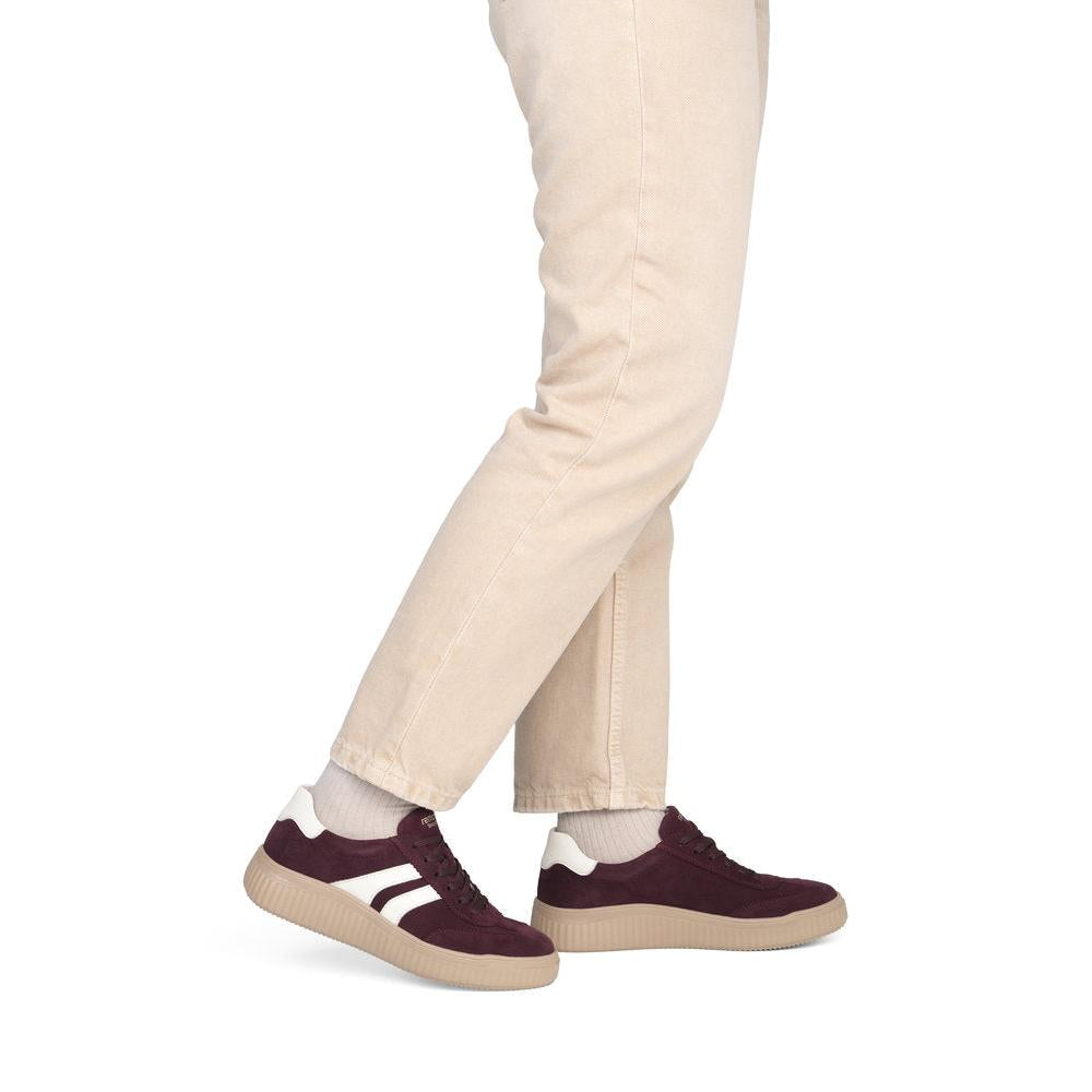 Remonte D3E00-30 women's wide red/white suede lace up shoes, on-foot lifestyle view.