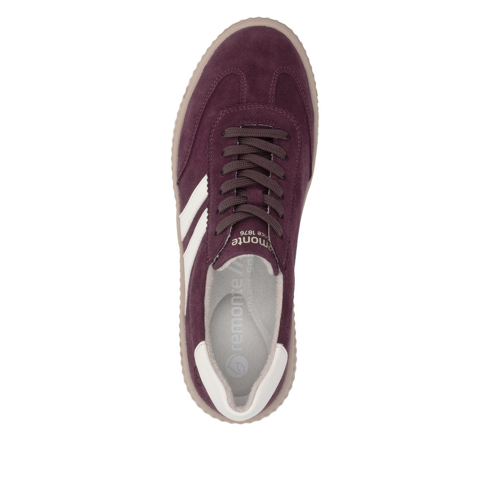 Remonte D3E00-30 women's wide red/white suede lace up shoes, top view.