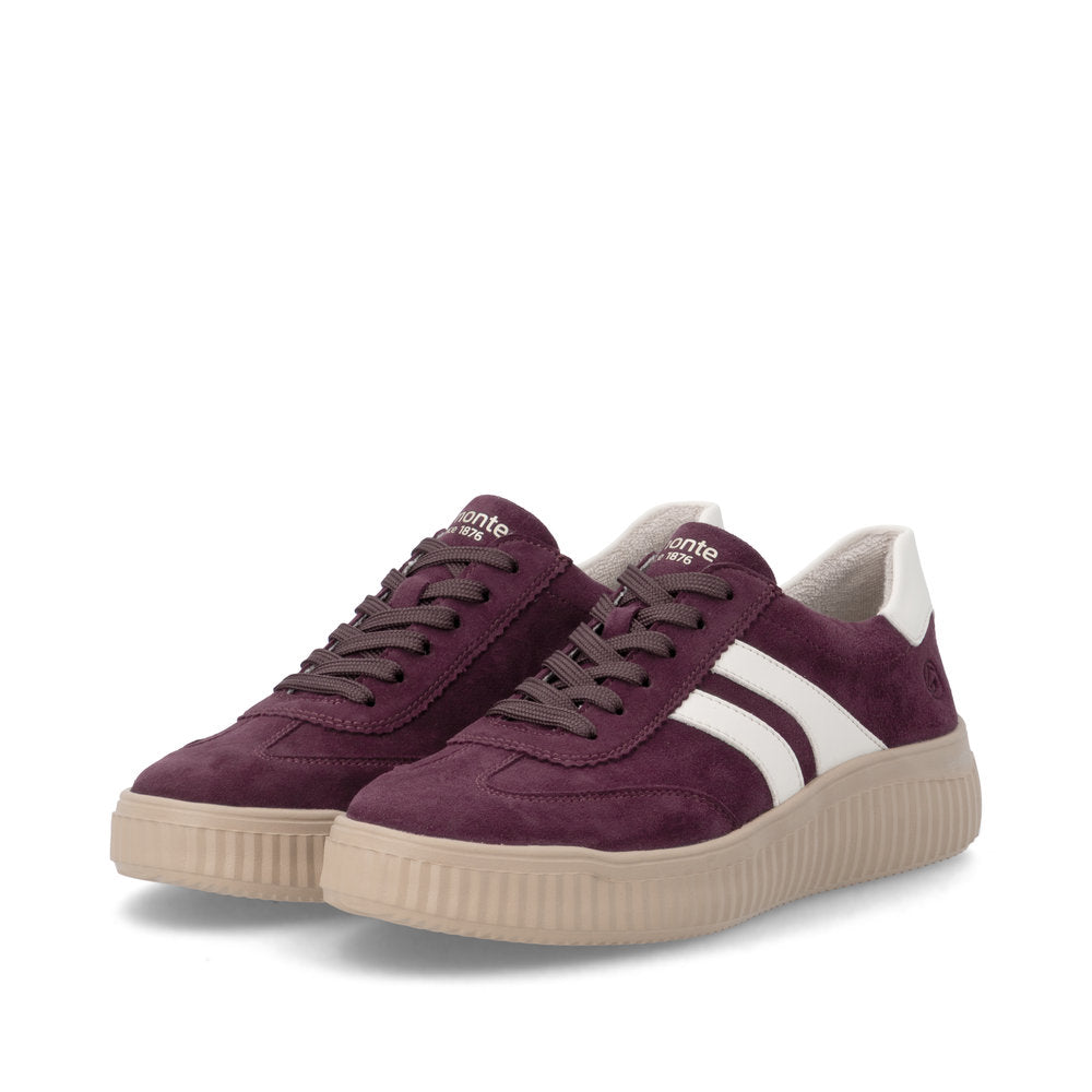 Remonte D3E00-30 women's wide red/white suede lace up shoes, paired three-quarter view.