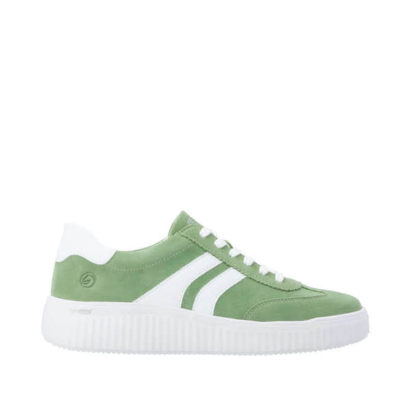Green suede lace-up sneakers with white accents, wide fit, and chunky sole.