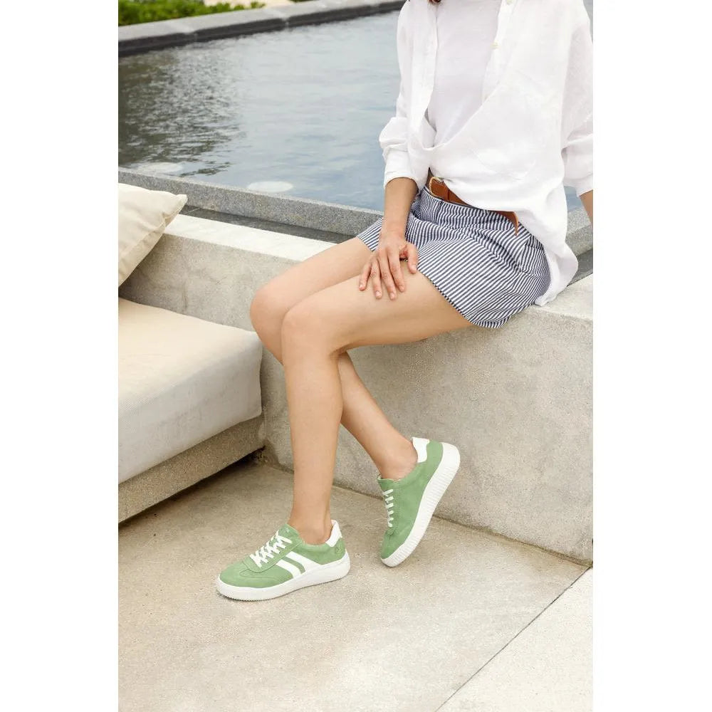 Ladies wide-fit green suede lace-up shoes, casual style, with white soles and detailing.