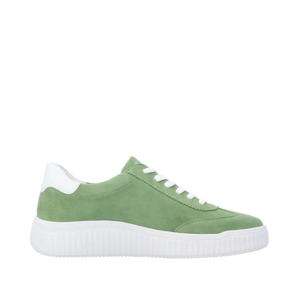 Green suede lace-up women's shoes with a white sole and heel tab, casual style.
