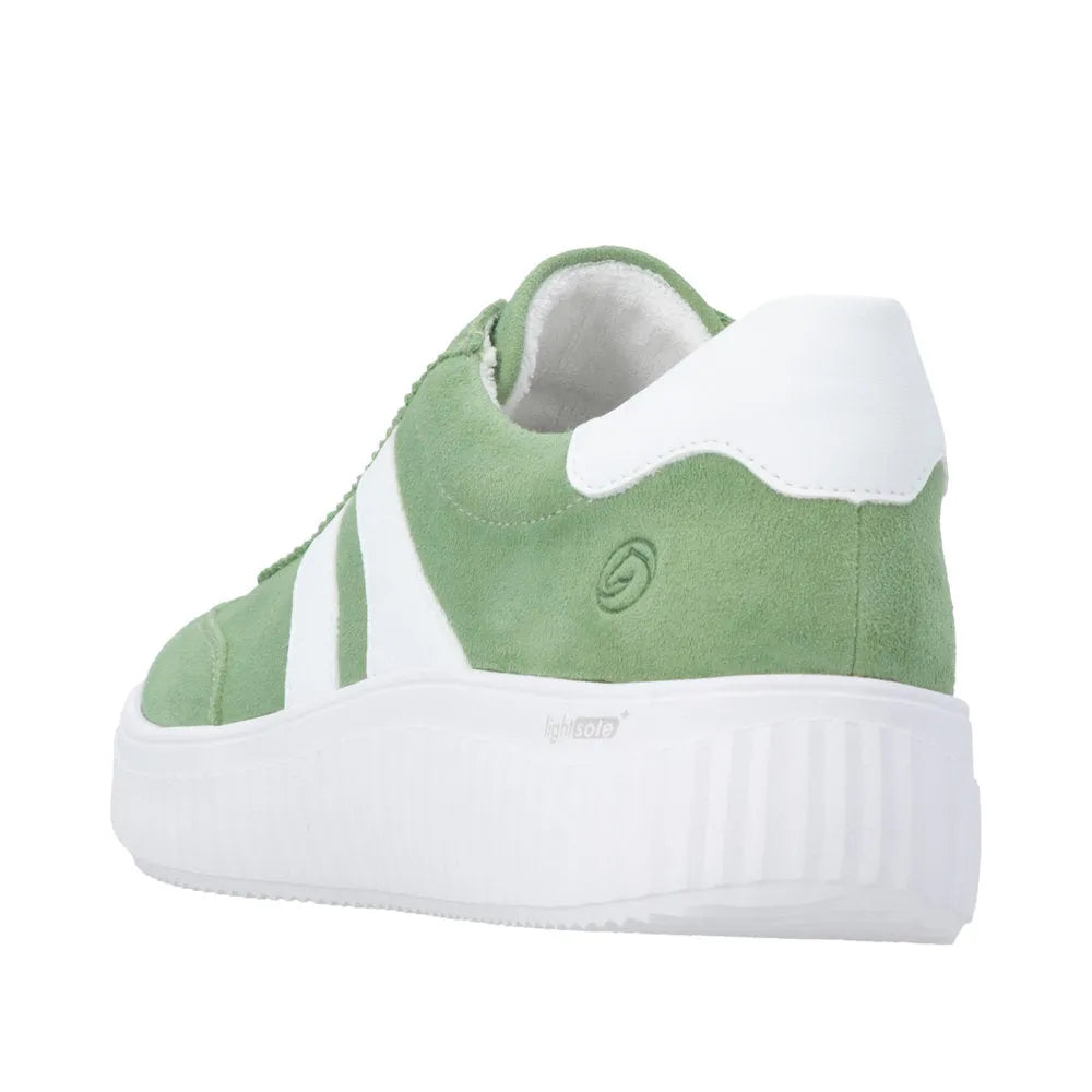 Green suede lace-up sneaker with white accents and a thick white sole.