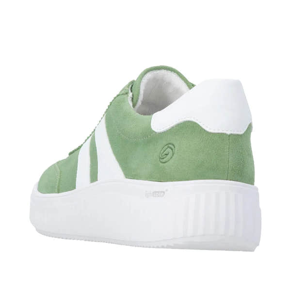 Green suede lace-up sneaker with white accents and a thick white sole.