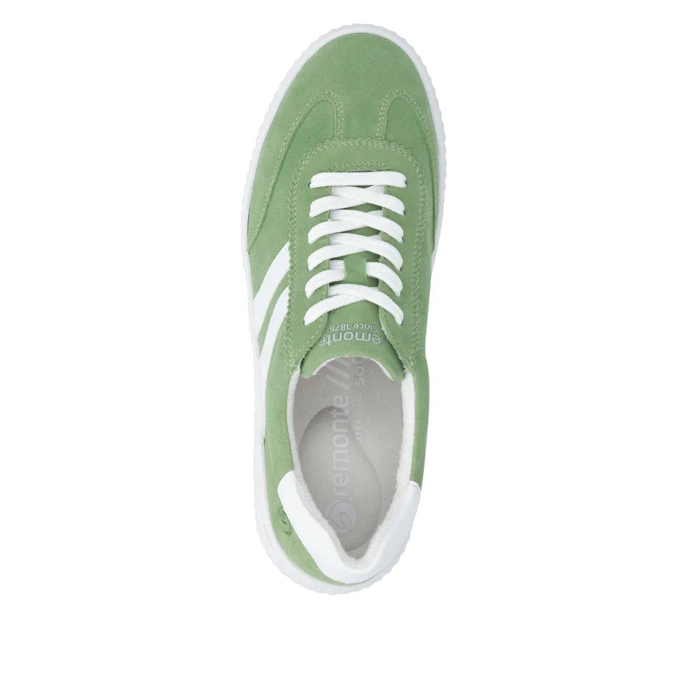 Green suede lace-up women's shoes with white accents and white soles, wide fit, casual style.