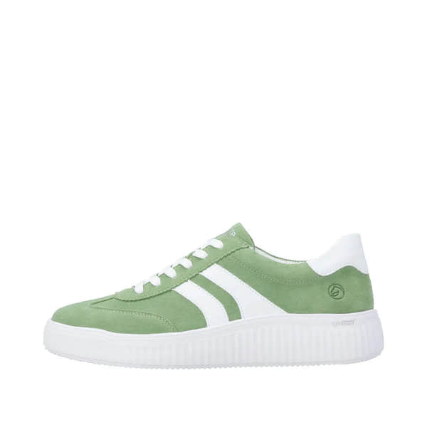 Green suede lace-up shoe with white accents, white sole, and white heel detail for ladies.