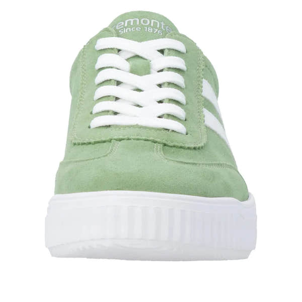 Green suede ladies wide lace-up shoes with white sole and white laces, style similar to sneakers.