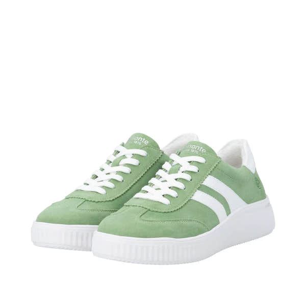 Green suede lace-up shoes with white stripes and chunky white soles, designed for wide feet.
