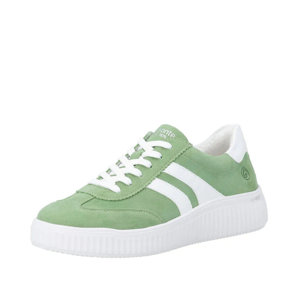 Green suede lace-up women's shoes with white accents and a thick white sole.