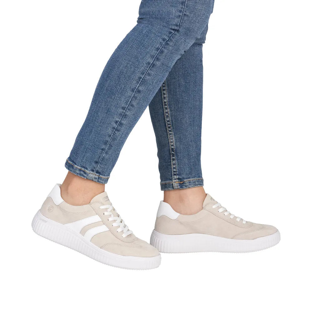 Remonte D3E00-60 beige suede lace-up women's wide shoes with white accents and thick rubber soles.