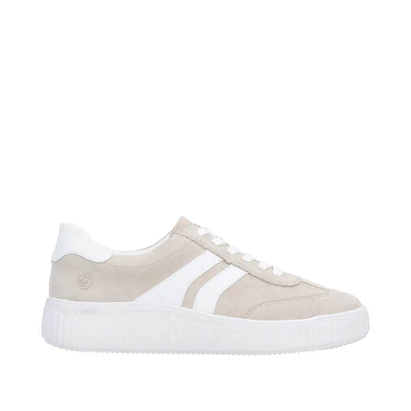 Remonte D3E00-60 ladies beige suede lace-up shoes with white accents, wide fit, chunky sole, and stitched detailing.