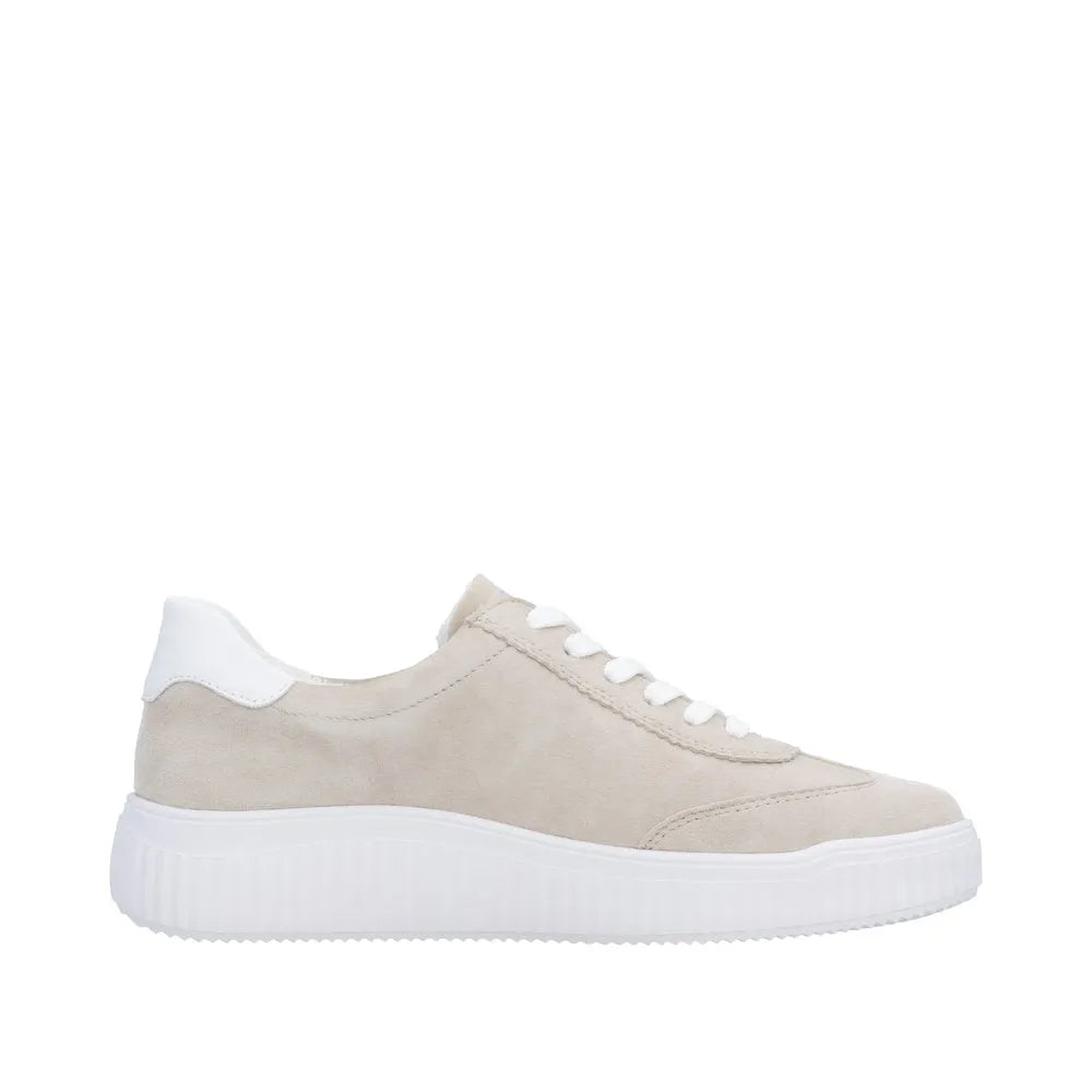 Beige suede lace-up sneaker for ladies with a white chunky sole and white accents on heel and laces.