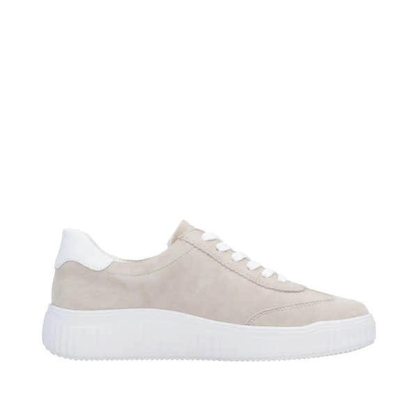 Beige suede lace-up sneaker for ladies with a white chunky sole and white accents on heel and laces.