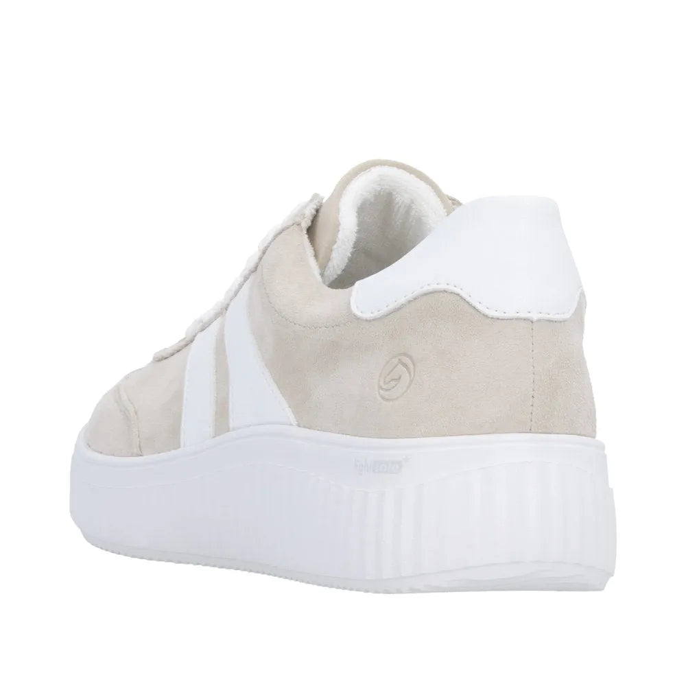 Remonte Ladies beige suede lace-up shoes with white accents, platform sole, and padded collar.