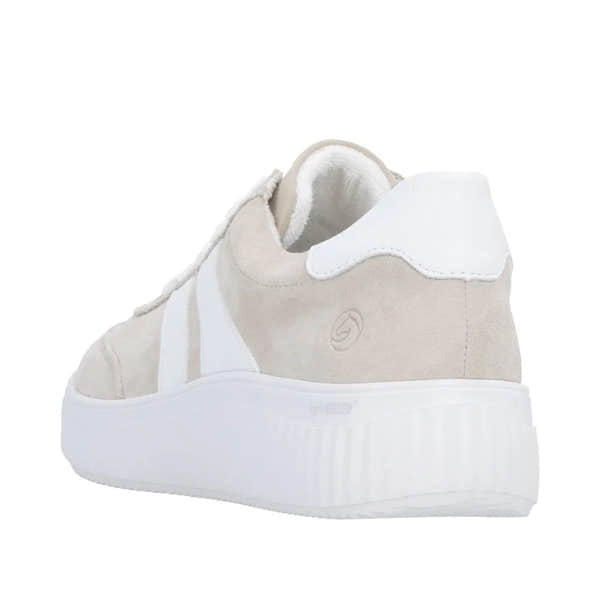Remonte Ladies beige suede lace-up shoes with white accents, platform sole, and padded collar.