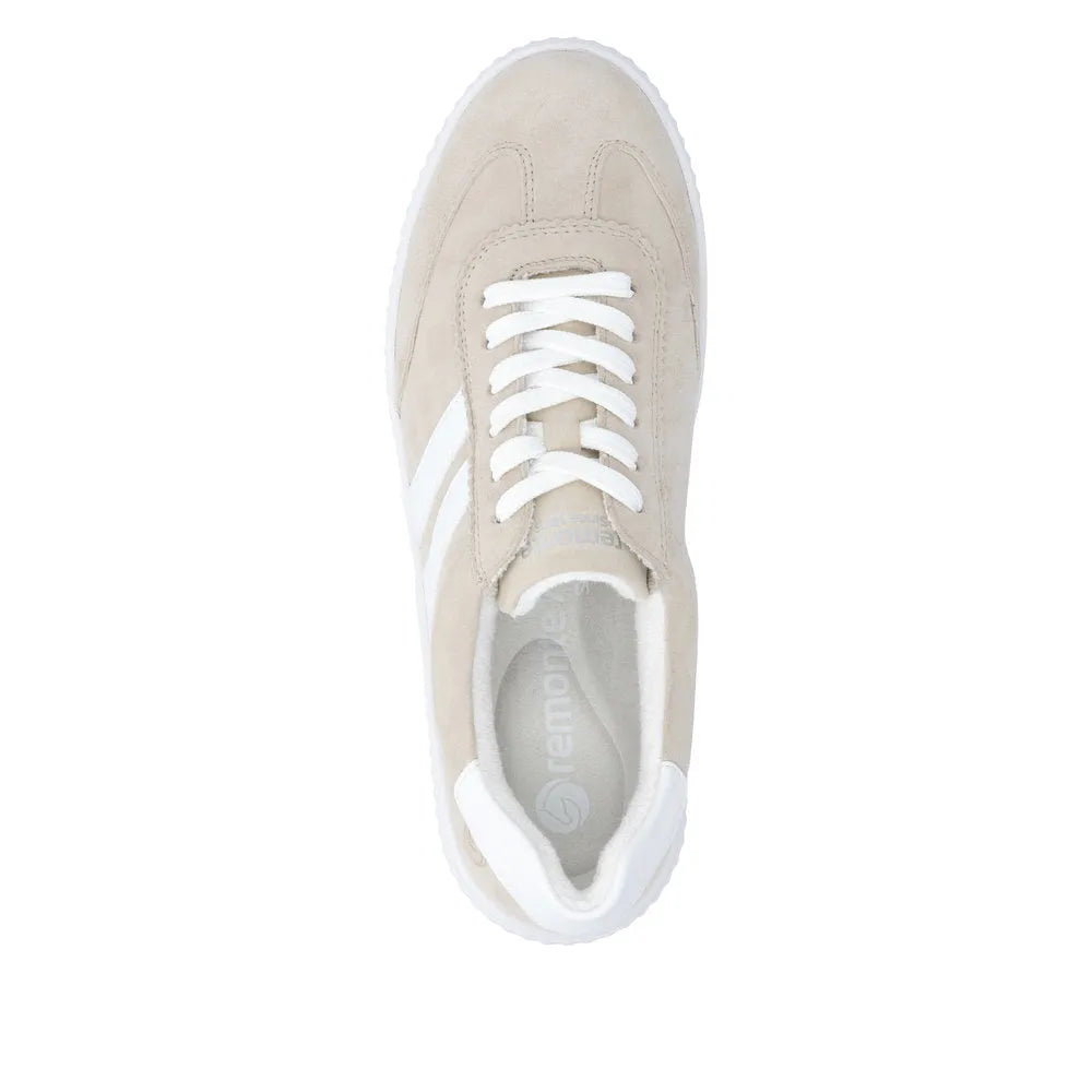 Remonte D3E00-60 beige suede lace-up women's wide shoes, top view.