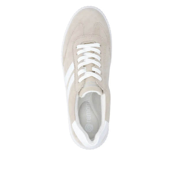 Remonte D3E00-60 beige suede lace-up women's wide shoes, top view.