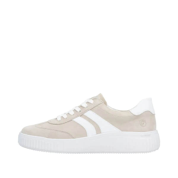 Remonte beige suede lace-up women's sneakers with white detailing and thick white rubber soles.