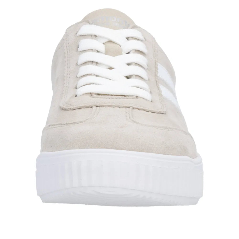 Beige suede lace-up sneaker with white laces and a thick white rubber sole, designed for ladies with wide feet.