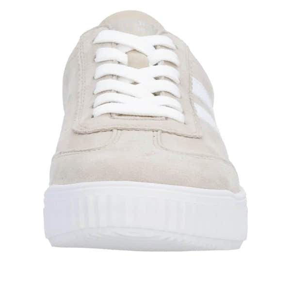 Beige suede lace-up sneaker with white laces and a thick white rubber sole, designed for ladies with wide feet.