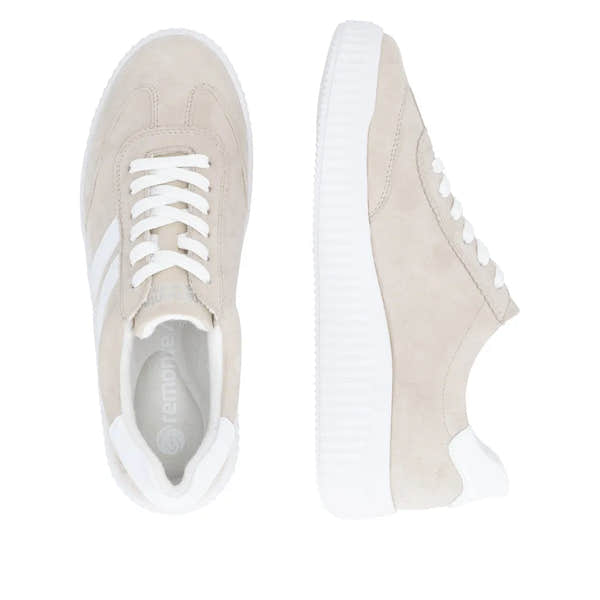 Beige suede lace-up shoes with white accents, wide fit, and chunky white sole for women.