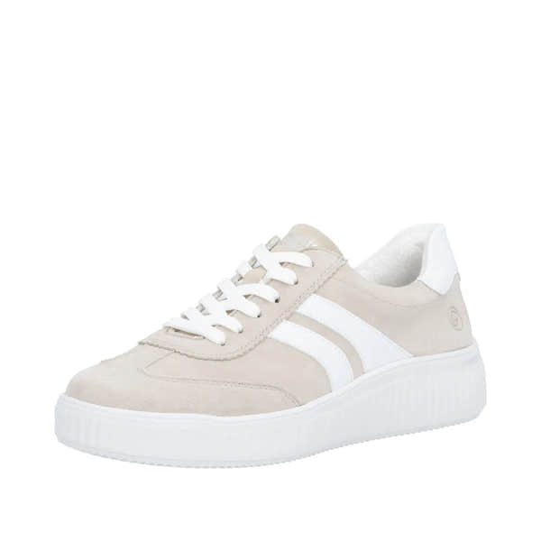 Beige suede lace-up sneaker with white accents, chunky sole, and wide-fit design for women.
