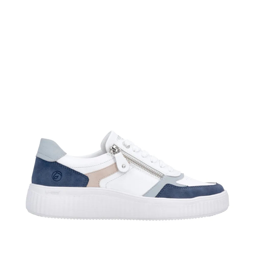 Remonte D3E05-80 ladies' wide multi leather casual sneakers with white, navy, beige, and grey sections, featuring lace-up, zipper, and platform sole.